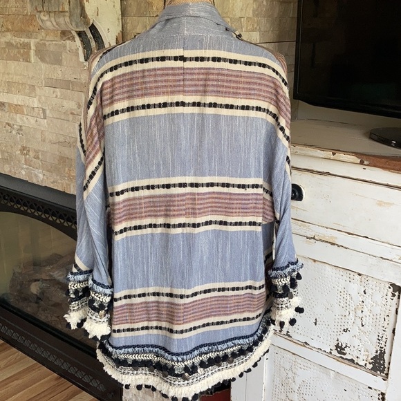 Zara boho kimono open front cardigan gray blue  multi colored pom poms fringe - Picture 11 of 15